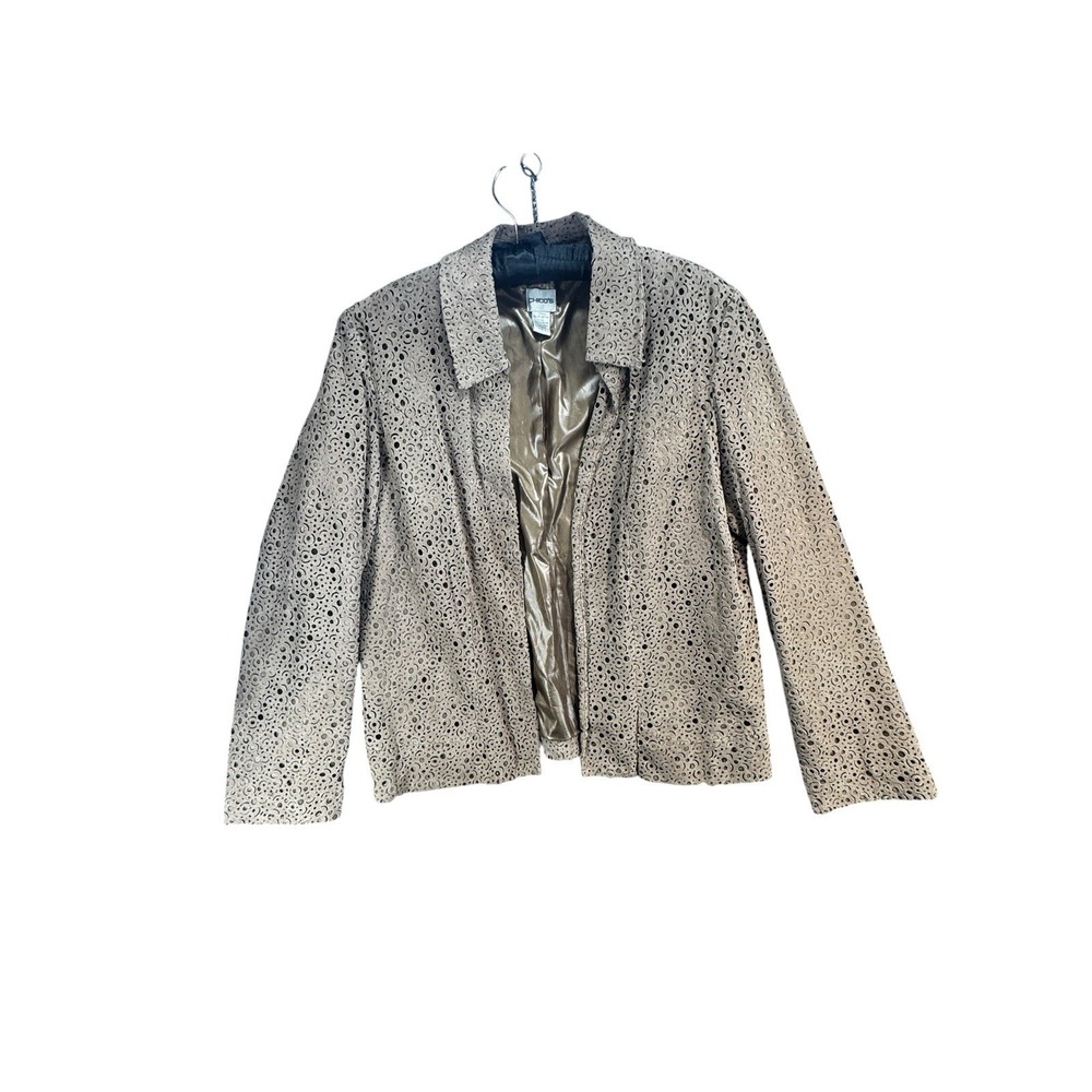 Chico's Genuine Leather Laser Cut Jacket Size 2 Taupe Eyelet Open Front Boho